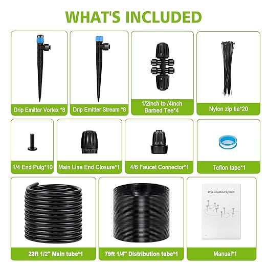 102FT Drip Irrigation System Kit New Quick-Connect Automatic Garden Watering Misting System for Greenhouse Yard Lawn Plant with 1/2 inch Hose 1/4 inch Distribution Tubing and Accessories