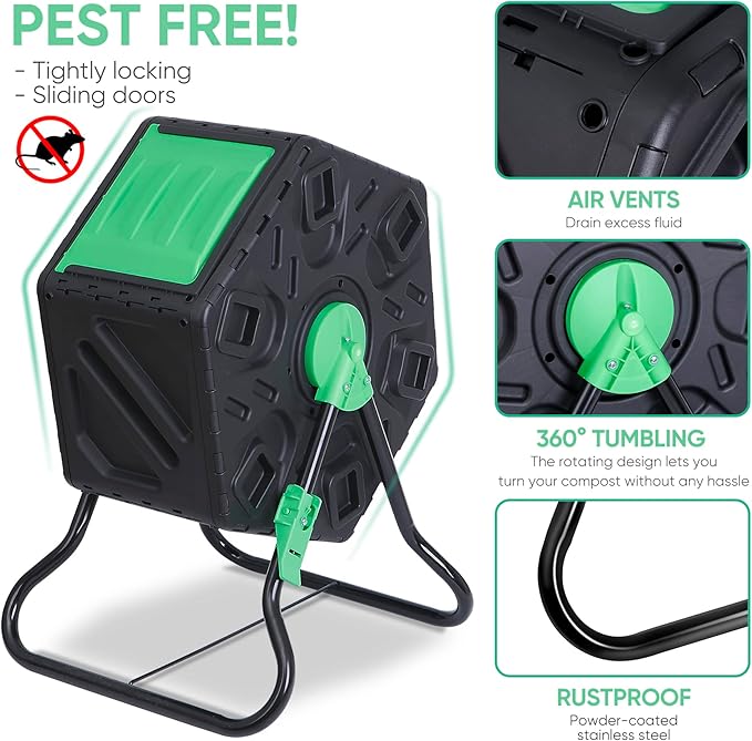 Compost Bin Tumbling Composter Rotating w/Sliding Doors Compost Bin Single Chamber Heavy Duty Outdoor Gardening Composting Tumblers Garden Yard (18.5 Gallon Black)