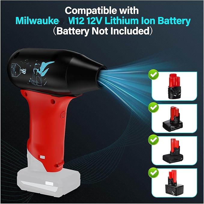 Jet Fan Mini Blower130000 RPM Cordless Air Duster Comaptible with Milwaukee 12V Batteries with 3-Speed Control for Car Dust Cleaning Outdoors BBQ Leaf Cleaning Sofa's Pet Hair Cleaning