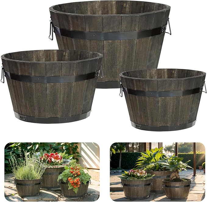 Idzo Set of 3 Wooden Flower Planters for Outdoor Plants Acacia Wood Barrel Planters Ergonomic Handles Drainage Holes Various Sizes Black