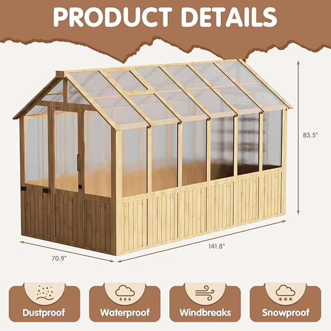 EBE 6'x12' Wood Greenhouse Walk-in Greenhouse Outdoor with Polycarbonate Panel Garden Greenhouses with Adjustable Roof Vent for Patio Yard and Backyard