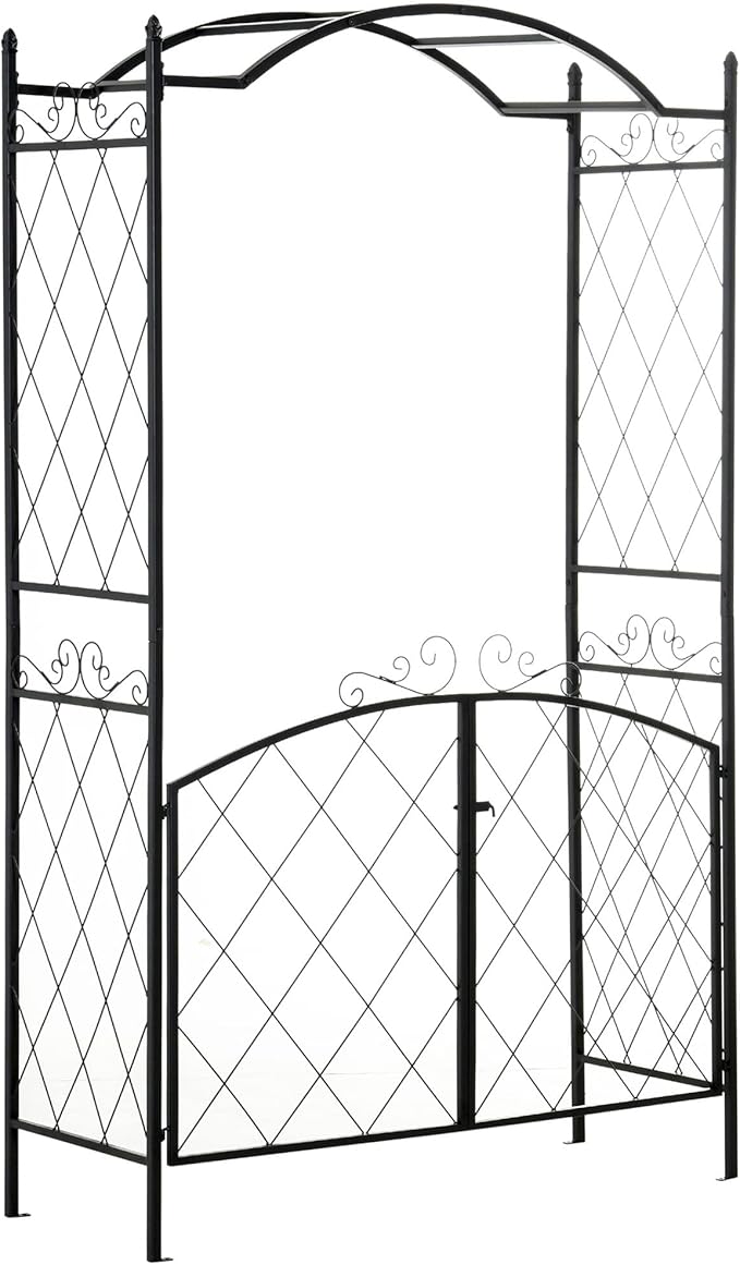 85 Garden Arch Arbor Metal Arch Trellis with Gate Garden Archway for Climbing Vines Wedding Ceremony Decoration Black