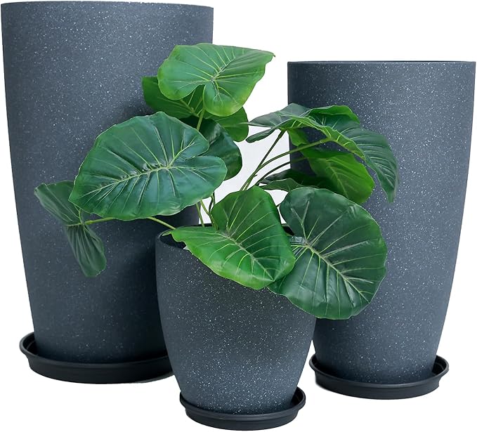 24/21/11 Inch Tall Planter Pots Garden Plastic Planters - Set of 3 for Indoor &amp Outdoor Use - Decorative Lightweight Flower Pots (Dark Grey)