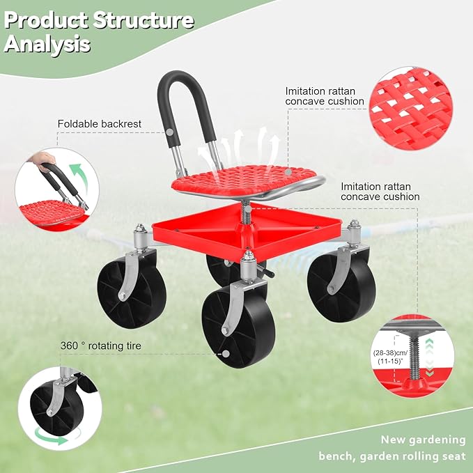 360° Swivel Garden Cart Seat - Height Adjustable Rolling Stool with Tool Tray &amp All-Terrains Wheels 330Lbs Heavy Duty Gardening Stool for Seniors Elderly Knee Pain Relief Red