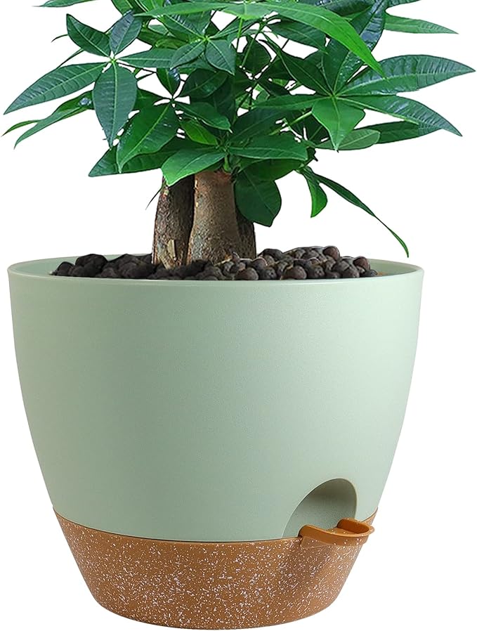 12 inch Large Self Watering Pots Plastic Planters with 60oZ Removable Deep Reservoir and Multi Mesh Drainage Holes for Indoor Outdoor Garden Plants and Flowers Green with Brown
