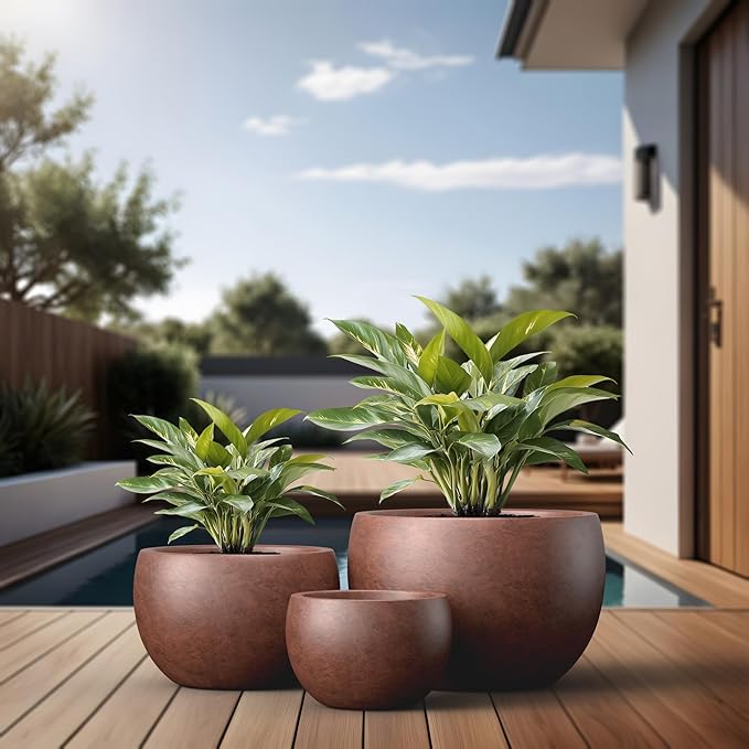 Kante 19.915.711.8 Dia Round Concrete Planter Set of 3 Outdoor/Indoor Large Bowl Plant Pots with Drainage Hole and Rubber Plug for Garden Patio Balcony Home Rusty