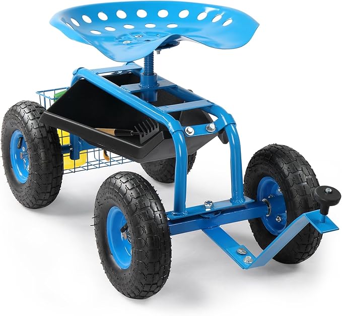 Rolling Garden Work Seat with Wheels Gardening Stool for Planting Garden Scooter with 360 Degree Swivel Seat &amp Steering Handle &amp Tool Tray Blue