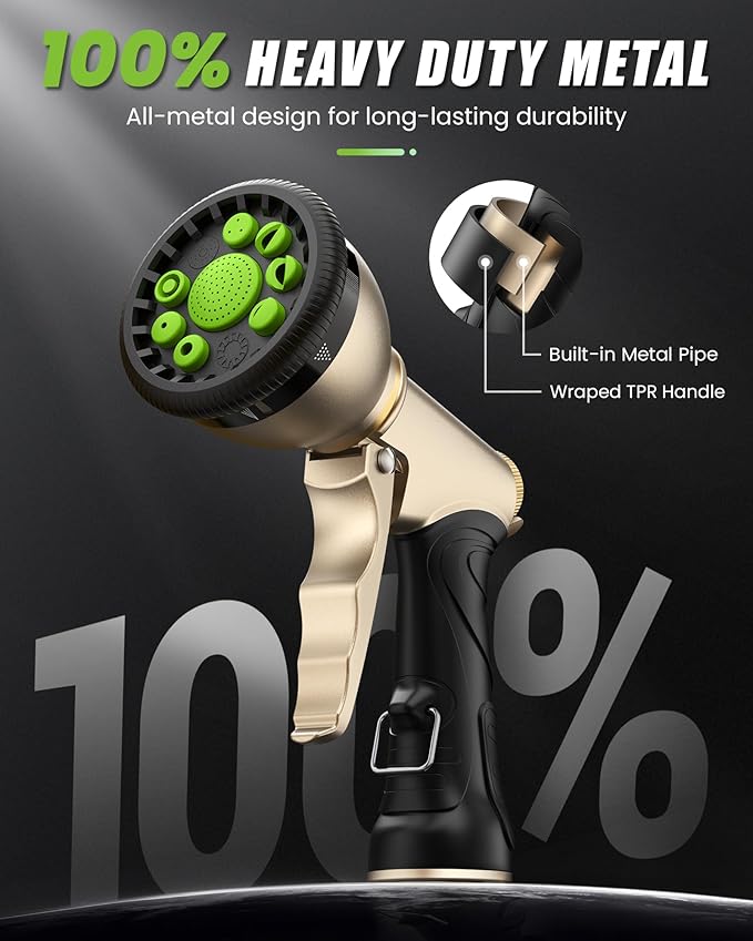 RAINPOINT Garden Hose Nozzle 9 Spray Patterns Hose Sprayer Nozzle Heavy Duty Metal Water Hose Nozzle Adjustable Hand Sprayer Watering Plants and Lawn Pet Showering Green