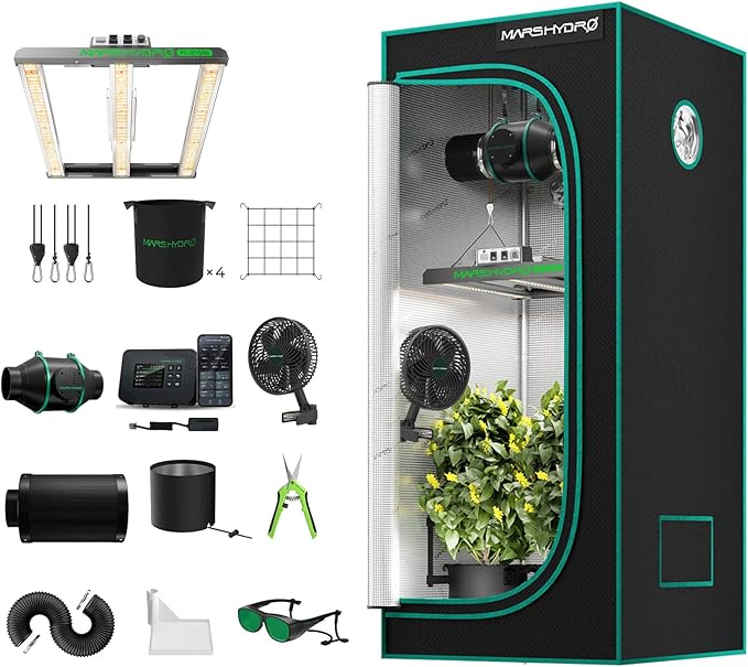 MARS HYDRO 3x3 Smart Grow Tent Kit Complete System with WiFi-Integrated Controller 43150W FC-E1500 Dimmable Grow Light32 x 32 x 63 1680D High Reflective Mylar4inch Automatic Ventilation Kit