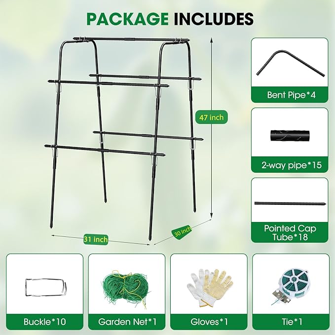 Cucumber Trellis for Raised Bed and Garden 47 H x 31 W U-Shaped Metal Garden Trellis for Climbing Plants with Nylon Netting Vegetable Support Frame