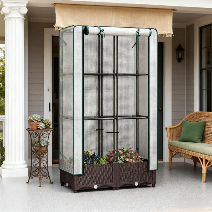 Raised Garden Bed with Built-in Trellis and Weather-Resistant Cover for Outdoor Vegetable and Flower Growing (Brown + White + Polypropylene + Steel)