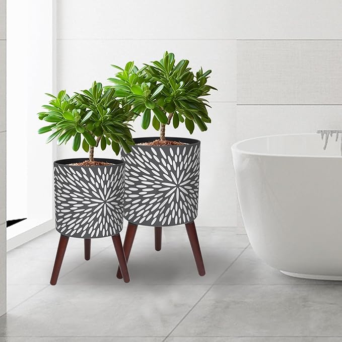 10 &amp 12 Inches Plant Pot with Stand Set of 2 Large Matte Gray Modern Planters for Indoor Outdoor Plants with Drainage Holes Big Flower Pots with Wood Legs