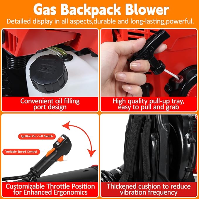 4-Cycle High Power Gas Backpack Leaf Blower5HP - 75.6CC Engine 750CFM Tornado-Like Airflow Adjustable Speed Ergonomic Design for Effortless Leaves Snow and Debris Cleanup