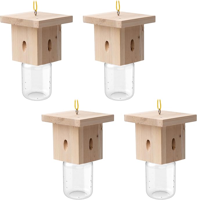 4 PCS Wood Carpenter Bee Trap for Outside - Best Bee Trap - Nature Hanging Carpenter Bee Traps Plastic Jar Outdoor - Insect Traps