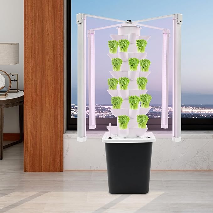 Hydroponic Tower Garden Kit 30 Planting Sites 6-Tier Vertical Hydroponic Growing System with LED Grow Light Water Tank Automatic Irrigation System Vegetable Herb Strawberry Planter for Home Office