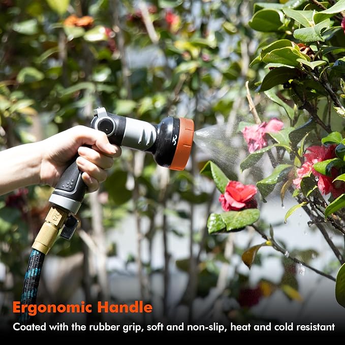 RESTMO Multi-Angle Garden Hose Nozzle with Sprinkler Function Heavy Duty Water Hose Nozzle with 4 Spray Patterns Magic Twist and Thumb Flow Control for Garden Watering Car Washing &amp Yard Orang