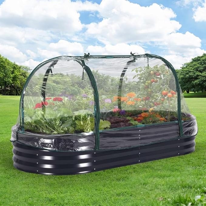 IDEALHOUSE 6'×3'×1' Oval Galvanized Steel Raised Garden Bed Kit with Removable Zippered PVC Cover &amp Open Base Outdoor Metal Planter Box for Vegetables Flowers Herbs Gray