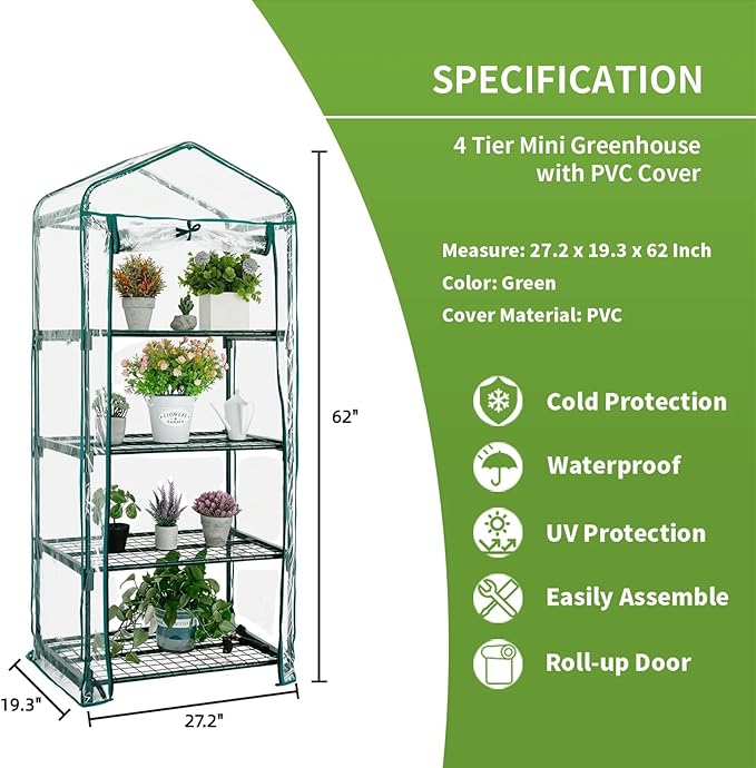 Mini Greenhouse for Indoor Outdoor Small Plants Green House with 4 Tier Shelves Portable Plastic Greenhouses with Transparent PVC Cover for Garden Backyard Patio Balcony Porch
