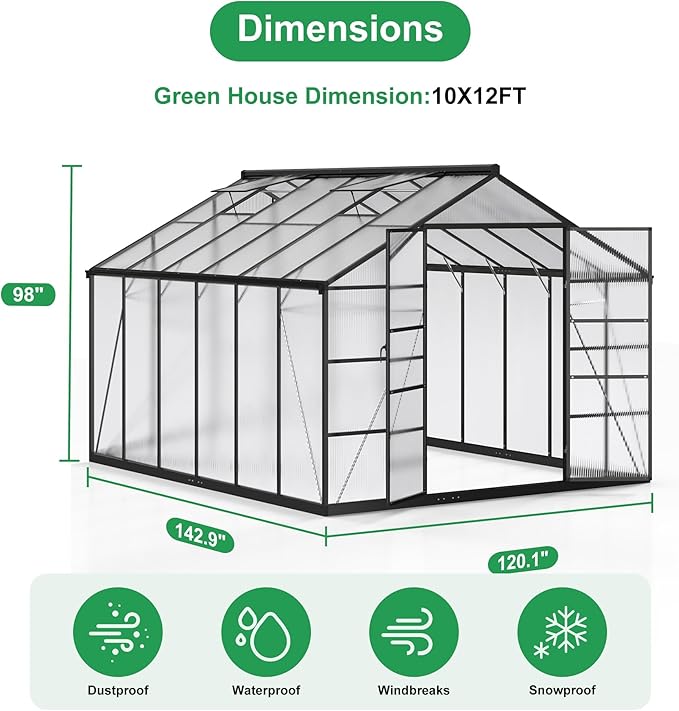 WKM 10x12 FT Polycarbonate Greenhouse Enhanced Aluminum Frame Greenhouses for Outdoors Withstands Strong Wind or Snow with Roof Vent Walk-in Green Houses for Outside Garden Backyard Black
