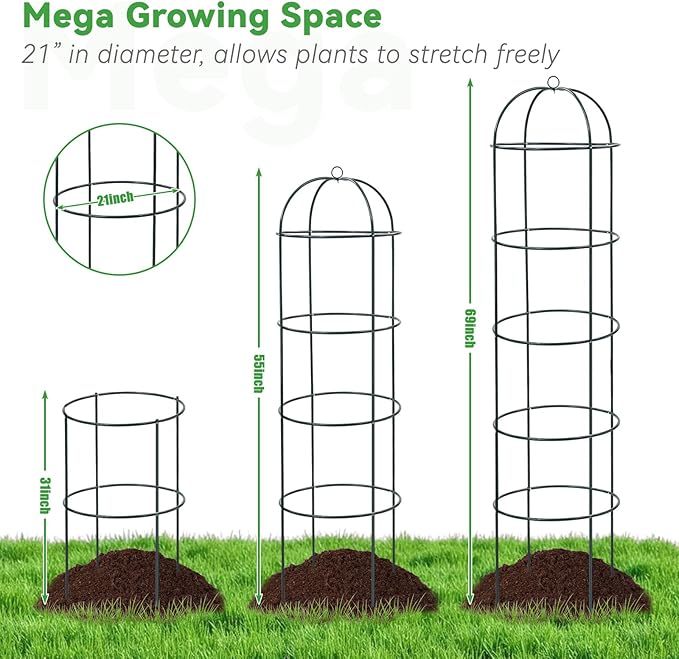 Large Trellis Garden Obelisk Trellis for Climbing Plants Outdoor 55 Metal Trellises for Tomato Cucumber Clematis Rose Vine Support Heavy Duty Round Cage Stand for Grow Bag Raised Bed Yard 2 Pack