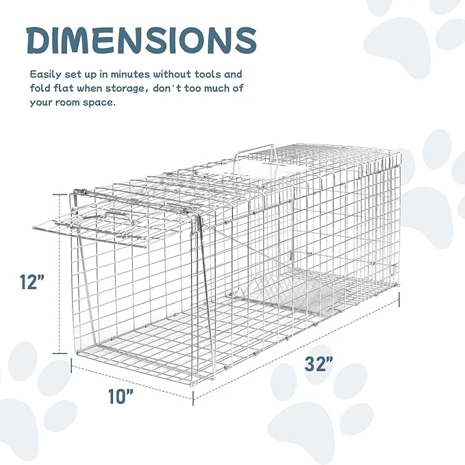 Animal Trap 32x10x12 Cage Trap Heavy Duty Folding Raccoon Traps Humane Cat Trap for Stray CatsRabbitsSquirrelsOutdoor Small Animal TrapHumane Catch &amp Release