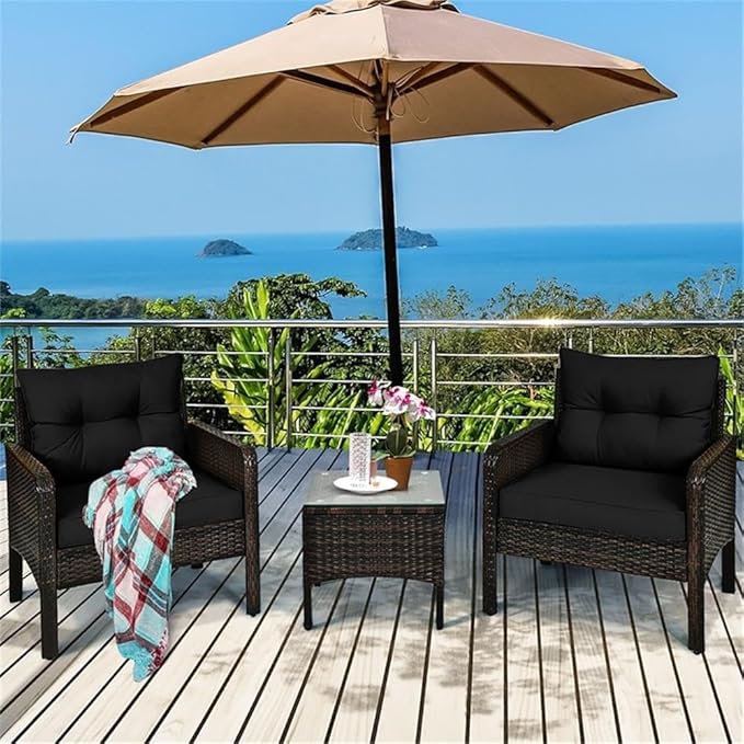 Pemberly Row 3-Piece 26'' Rattan Conversation Set Outdoor Seating Ensemble Built for Casual Comfort and Interaction Black