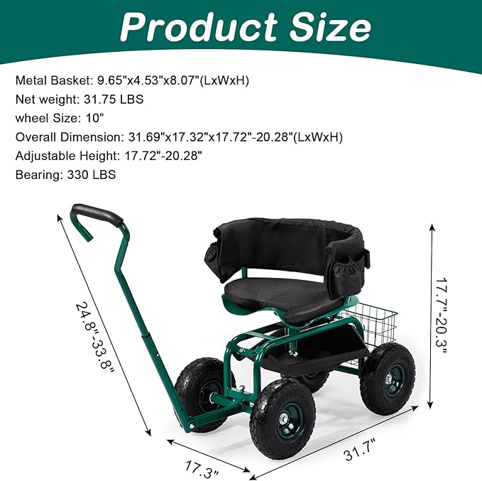 Bonnlo Rolling Garden Cart with Seat Extendable Handle Gardening Stool with Wheels Rustproof Rolling Work Seat with Extra Storage Space for Gardening/Planting/Outdoor (Green)