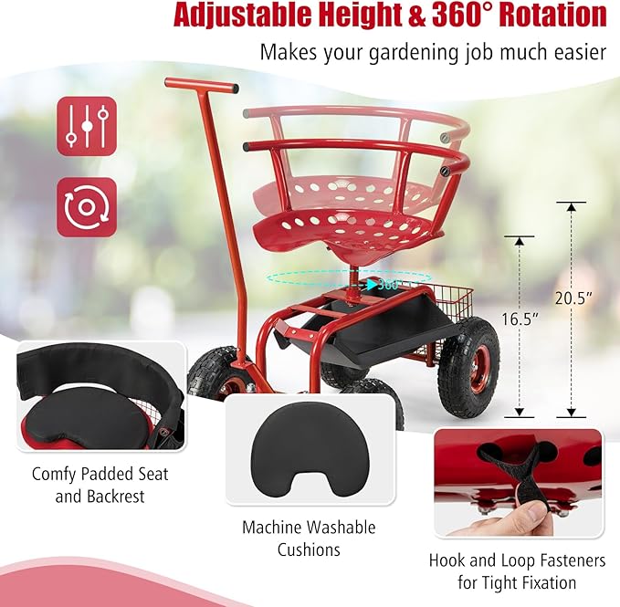 Goplus Rolling Garden Seat with Wheels Outdoor Garden Cart with 360° Swivel Seat &amp Tool Storage 2 Steering Handles Gardening Stool Wagon Scooter Lawn Patio Gardening Workseat for Seniors