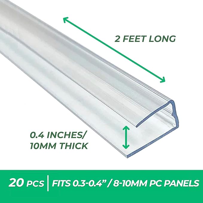 Polycarbonate Greenhouse Panels U Connector Profile - 20 Pieces 2ft Length Prevent Dust Rain &amp Moisture from Getting into Twin-Wall Greenhouse Panels Fit 10mm or 8mm Panels (U Connectors 10mm-