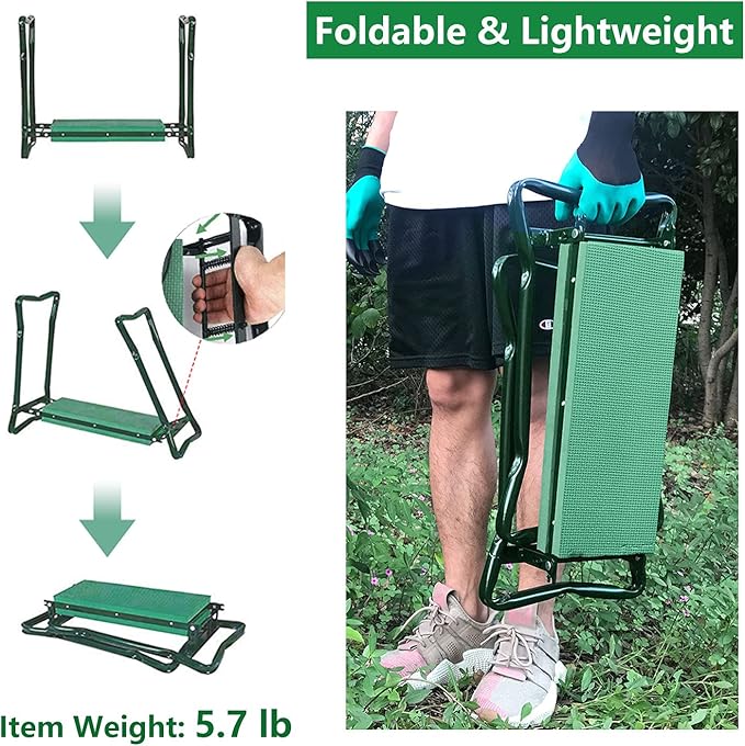 BESTHLS Garden Kneeler and Seat - Heavy Duty Folding Stool with Thick Pad Tool Pouch 330 lbs Capacity - Knee &amp Back Support Perfect for Seniors Women Men