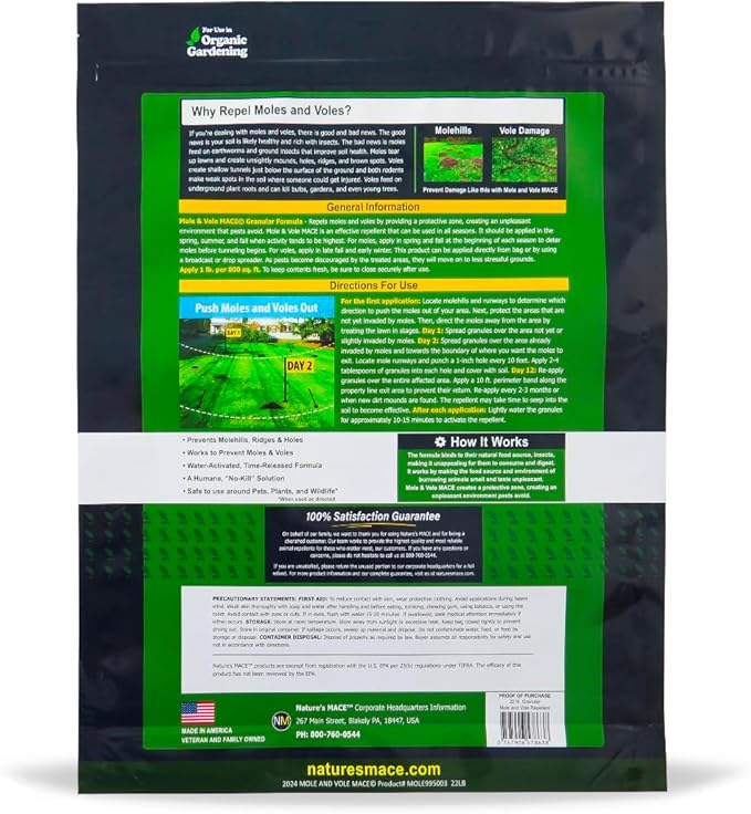 Nature's MACE Mole and Vole MACE Mole Deterrent for Yard Mole Repellent for Lawns Keep Moles Out of Garden Castor Oil Granules Vole Repellent Outdoor Plant &amp Pet Safe 22 lb Bag 17600 Sq F