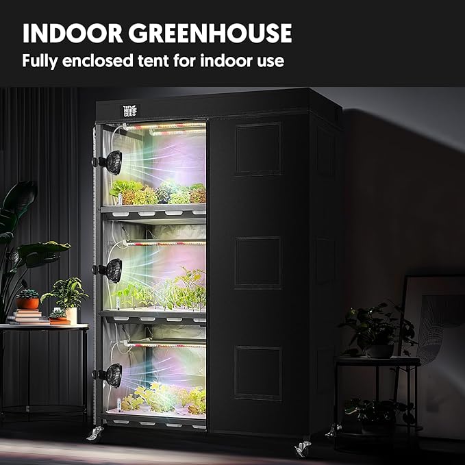 Indoor Greenhouse with Full Spectrum LED Grow Light and Tent Indoor Hydroponics Growing System with Watertight Plant Shelf Trays 3-Tier Metal Plant Stand with Wheels Microgreens Growing Kit