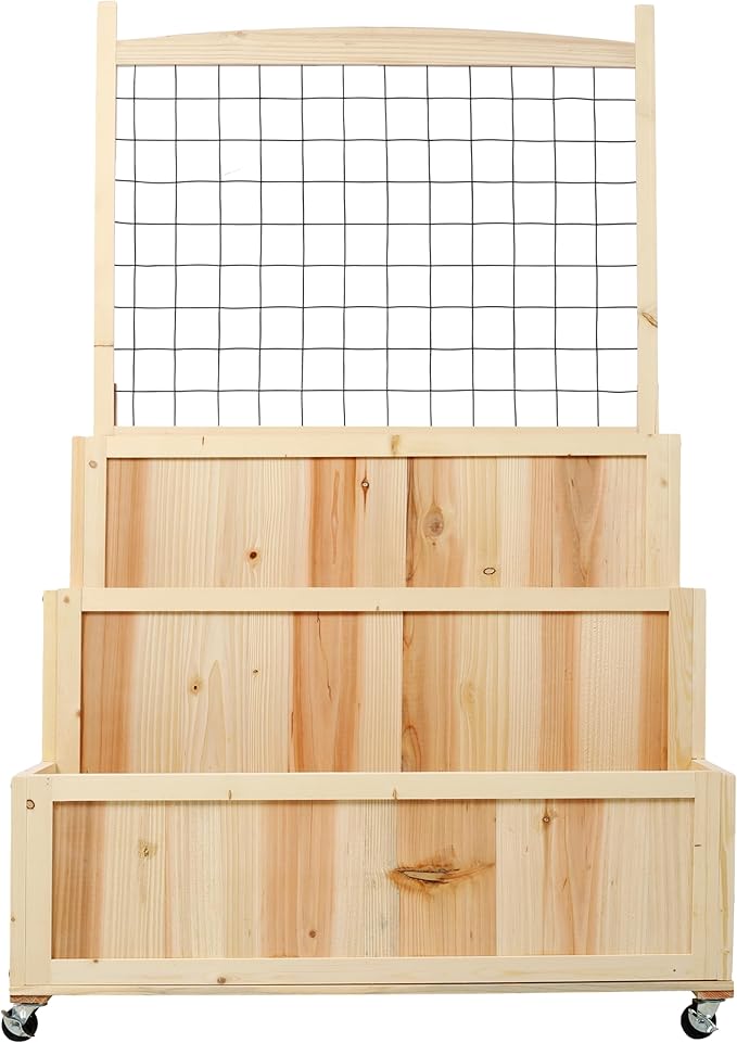 3 Tiers Raised Garden Bed with Trellis 53 H Vertical Planter Box with Wheels Back Storage Area for Flowers Vegetables Herbs Natural