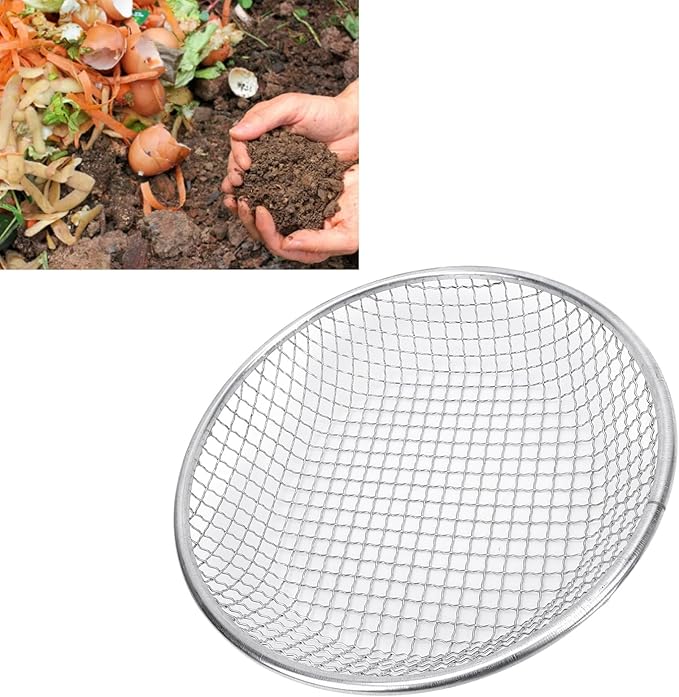 Soil Sifter Gardening Sand Soil Compost Sifter Stainless Steel 50kg Bearing Gardening Strainer with Anti Slip Gloves for Dirt Sand Filtration (10mm / 0.39in Hole)