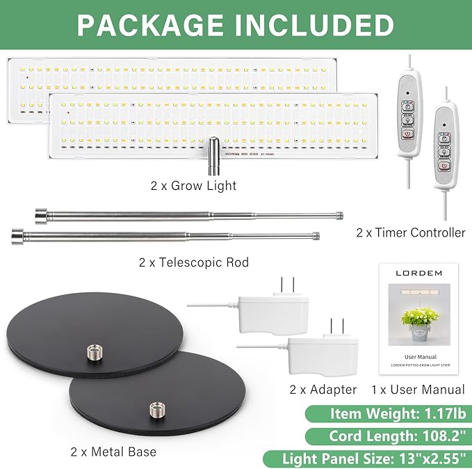 LORDEM Grow Light for Indoor Plant Full Spectrum LED Plant Light Height Adjustable Growing Lamp with Auto On/Off Timer 4H/8H/12H 4 Dimmable Brightness Ideal for Home Desk Plant Lighting 2 Pack