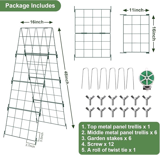 Heavy Duty 48x16 Adjustable A-Frame Cucumber Trellis for Climbing PlantsiGreely Foldable Frame Rust-Proof Metal Trellis with Dense GridPerfect for Raised Beds GardenTomatoesOutdoor(Green)