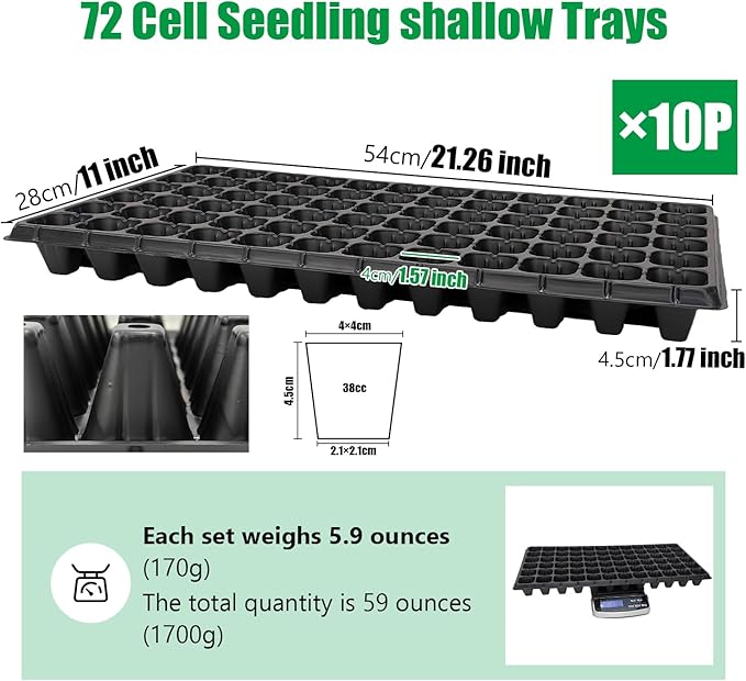 72 Cell Seed Trays Thick Durable 72 Cell Plug Tray Seedling Plastic Nursery Tray for 1020 Flat Germination (10-Pack 21×11 1.81 Height Low)