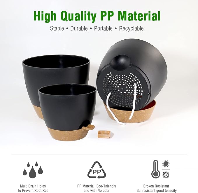 Large Self Watering Pots 12/10/9 Plastic Planters with High Drainage Holes and Deep Reservoir for Indoor Outdoor Garden Plants and Flowers Black with Brown