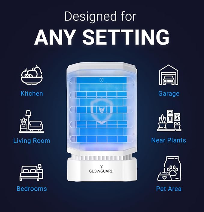 GlowGuard Cordless Flying Insect Trap Catches Fruit Flies Indoor Gnat Killer Magnet for Moths &amp Mosquitos in Dark 1 Rechargeable Bug Trap + 4 Dual-Sided Sticky Pad Refills 30hr Battery (White)