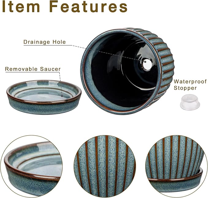 Oairse Ceramic Pots for Indoor Plants 4.9 +5.7 inch Pots for Plants Set of 2 Marble Blue Plant Pots with Drainage Holes and Saucers Texture Ceramic Planters Indoor Outdoor Flower Pots for Succulent