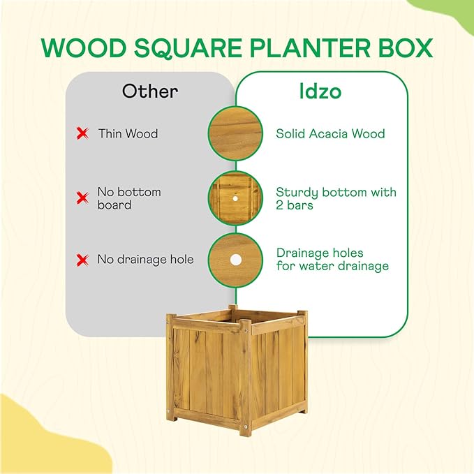Idzo Set of 2 Acacia Wood Flower Planters for Outdoor Plants Ergonomic Handles Drainage Holes Various Sizes Ideal for Home Décor Golden Teak