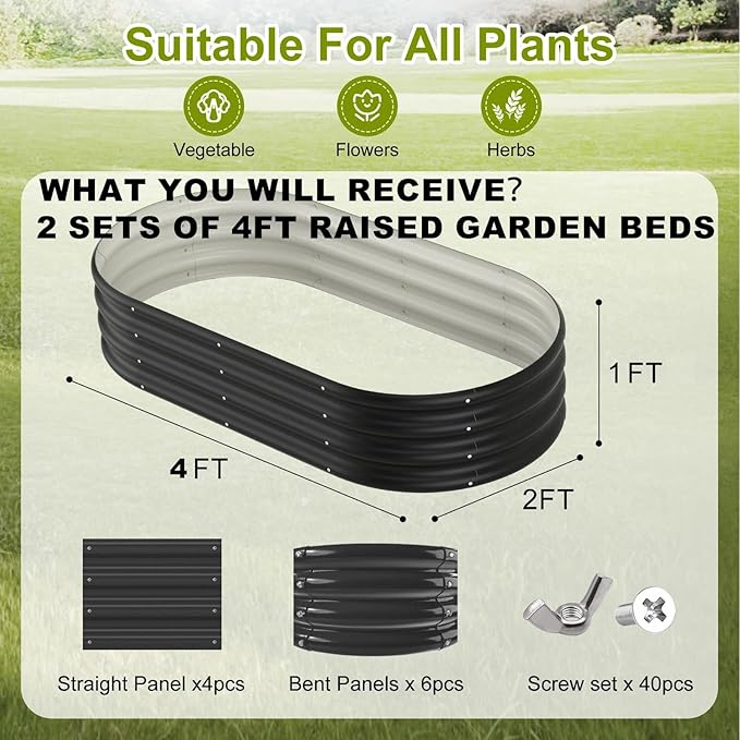 LIALEX 2 Sets Black Raised Garden Bed Outdoor Oval Large Coating Metal Planter Box with No Heavy Metal for Vegetables Flowers Herbs