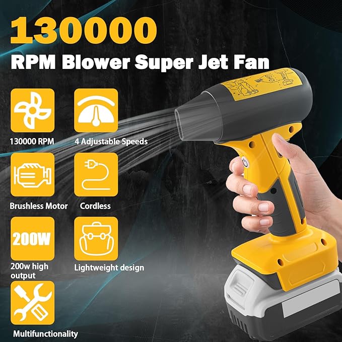 Jet Dry Mini Blower for Dewalt 20V Lithium BatteryJet Fan 130000 RPM Wind Speed 4-Speed Control Compressed Air Duster Cordless Handheld Air Blower for Computer KeyboardOutdoors