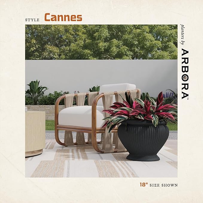 ARBORA 18 Cannes Urn Polyresin Indoor and Outdoor Planter with Classic Black Finish - Durable Weatherproof Lightweight Large Plant Pot for Patio Garden Deck Entryway