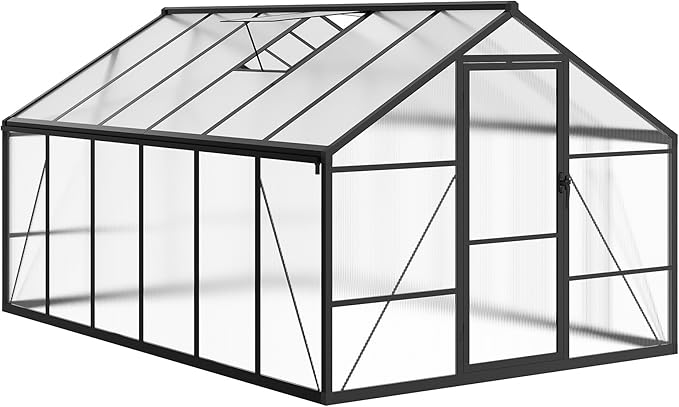 8X12 FT Greenhouse for Outdoors Large Walk-in Polycarbonate Greenhouse Kit Aluminum Frame Lockable Door Roof Vent Ground Spikes for Garden Patio Backyard Outdoor Plant Growth