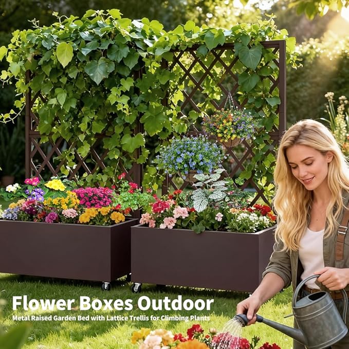 Metal Planter Box with Privacy Screen TrellisGalvanized Raised Garden Bed On Wheels for Climbing Plants Vines Standing Garden Flower Bed with Drainage Holes(Espresso 35 L x16 W x 55 H)