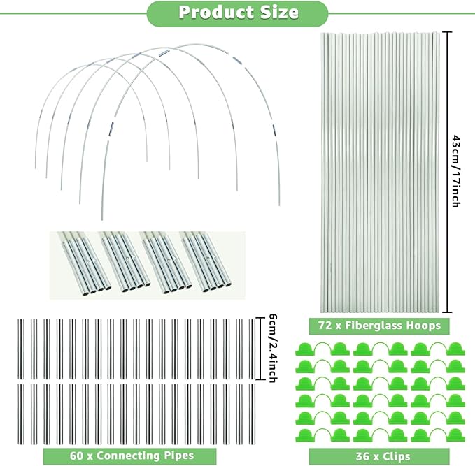 72 Pcs Garden Hoops for Raised Beds 12 Sets of 8 Ft Long Greenhouse Hoops Grow Tunnel Rust-Free Fiberglass Support Hoops Frame for Netting DIY Plant Support Garden Stakes for Row Cover