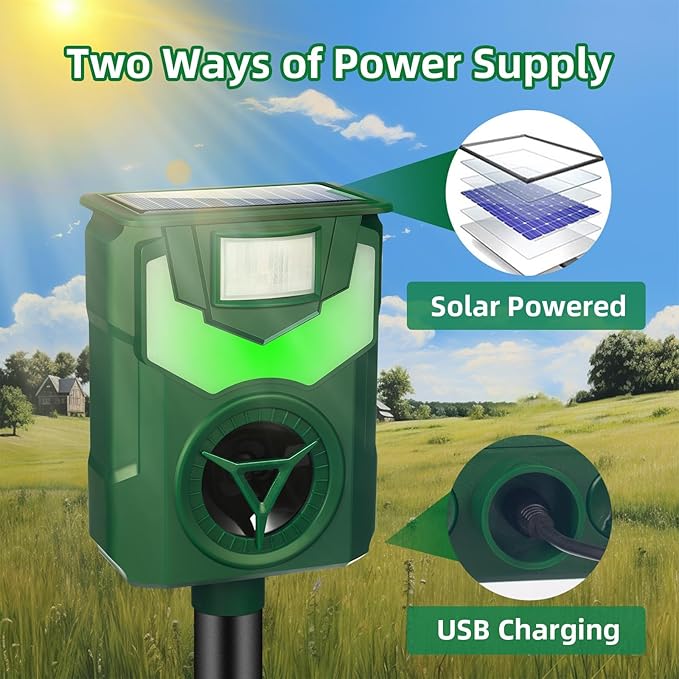 2 Pack 2025 Solar Ultrasonic Repellent Outdoor Deer Repellent Devices with Motion Detection Cat Squirrel Rabbit Deterrent for Yard Waterproof Animal Deterrent Light for Skunk Racoon Rodent Dog Mole