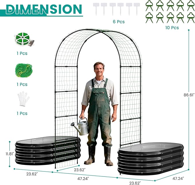 SUNYRISY Galvanized Raised Garden Bed with 87 H Arch Trellis for Climbing Plants Outdoor Metal Planter Box with Netting for Gardening Flowers Vegetables Fruit Herb Black