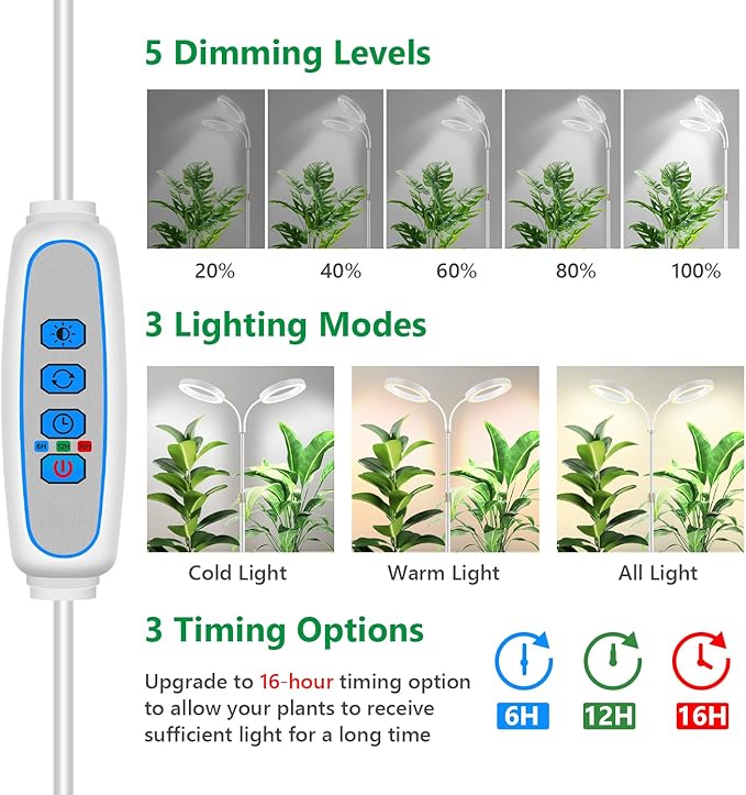Large Plant Light for Indoor Plants 2 Head Full Spectrum Grow Light with 68 Adjustable Stand for Growing Large Tall Plants White Halo Floor LED Grow Lamp with 16 Hour Timer
